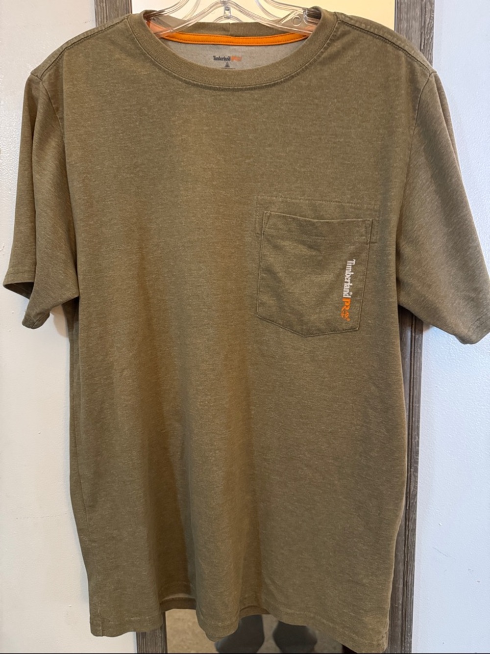 EUC Timberland PRO Olive Green Short Sleeve Pocket Tee with Orange Logo Accent